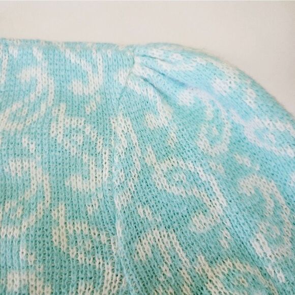 Vintage Kate Collins Blue Knit Puff Shoulder Paisley Pattern Crew Neck Sweater S - Picture 3 of 6